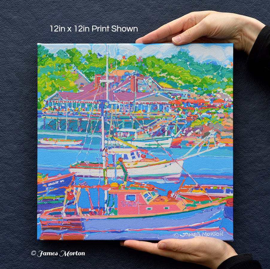 Front handheld view of 12x12 canvas print, Boats and Barnacle Billy’s painting, Perkins Cove Ogunquit Maine.