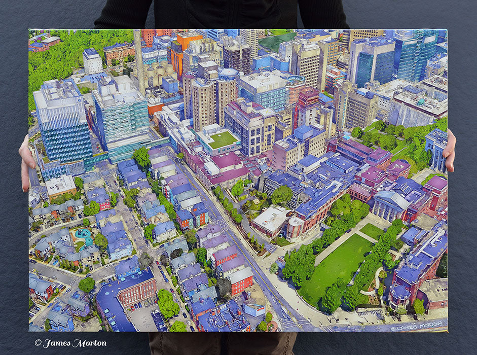 This canvas art print features Brigham and Women's Hospital in Boston, Massachusetts USA. Viewers can glimpse the historic Peter Bent Brigham Building (lower right) and its iconic doric columns from Huntington Avenue, situated in the Longwood Medical Area.