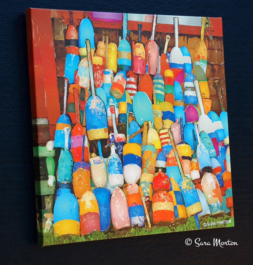 Left side angled view of Rockport Lobster Buoys fine art canvas print by Sara Morton