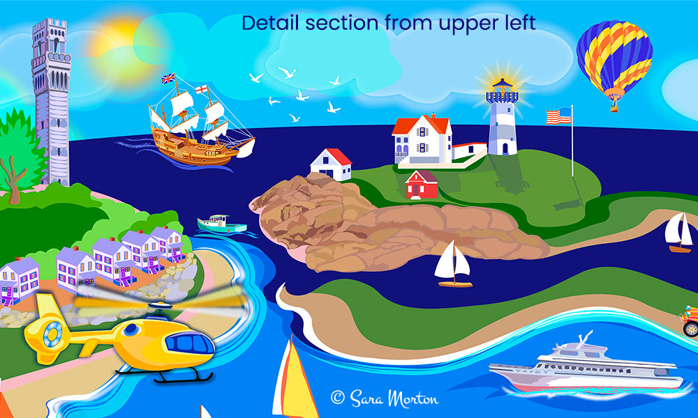 Cape Cod MA art print iconic landmarks like Cape Neddick Lighthouse, Provincetown Pilgrim Monument, & Mayflower II sailing.
