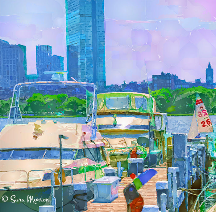 Charles River Yacht Club in Cambridge MA with Boston Skyline - Art Print