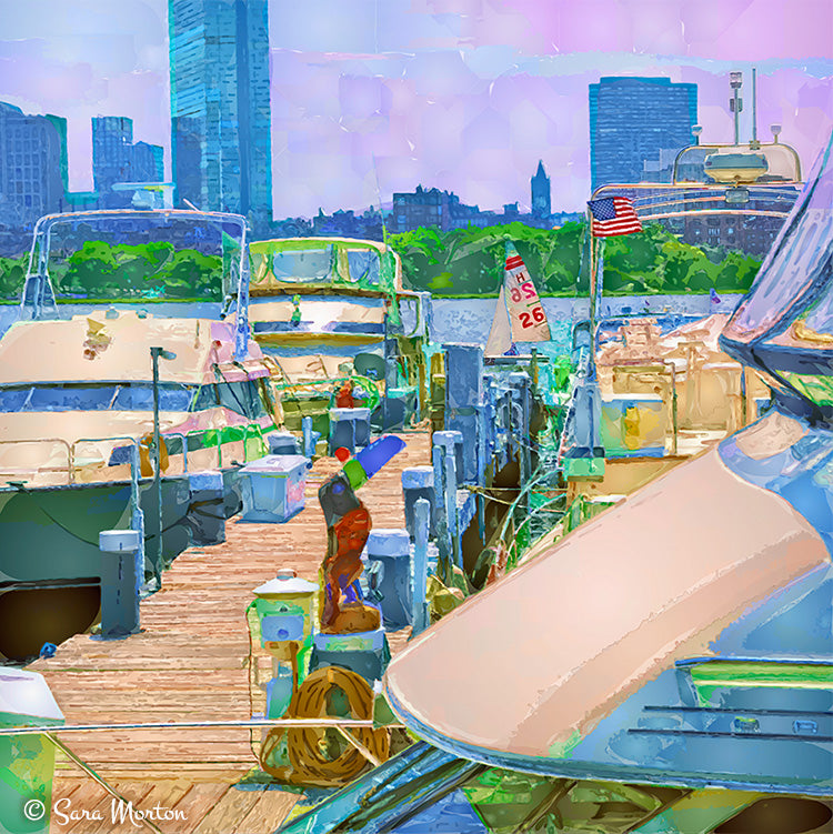 Charles River Yacht Club in Cambridge MA with Boston Skyline - Art Print