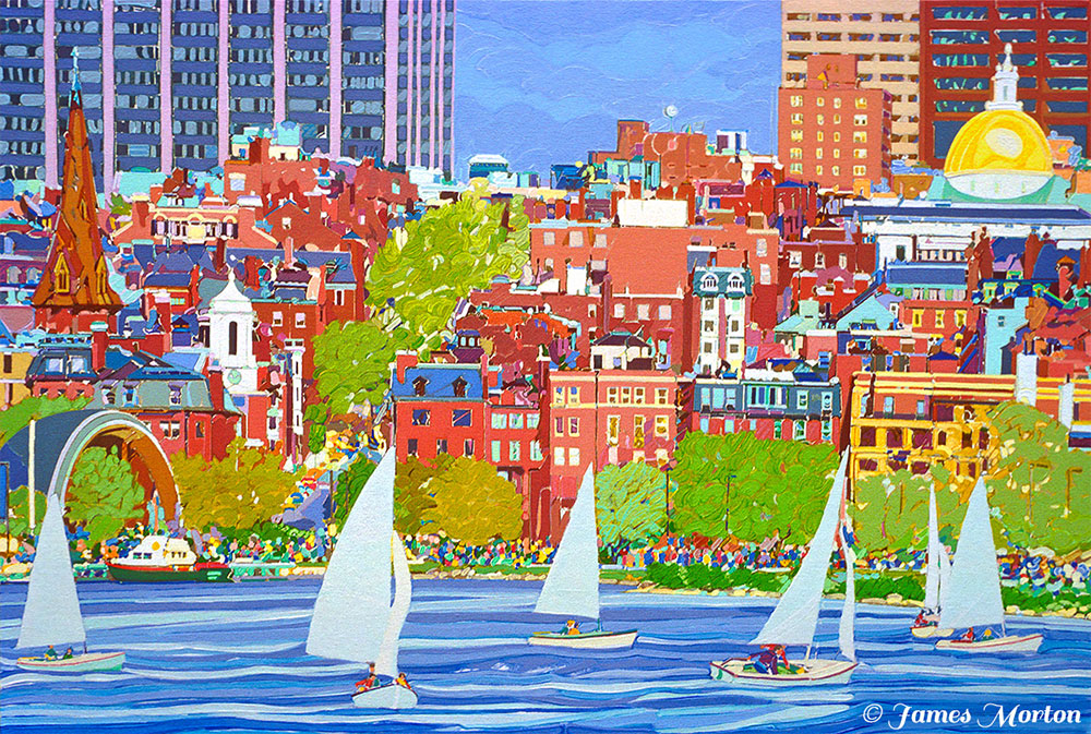 Boston Skyline Painting of the Charles River with Sailboats. The MDC Hatch Shell is on the bottom left side and the State House Dome is on the upper right. Many orange-red brick buildings are in the middle, with little multicolored square windows. A row of esplanade green trees runs along the Charles River, framing the 6 white sailboats.