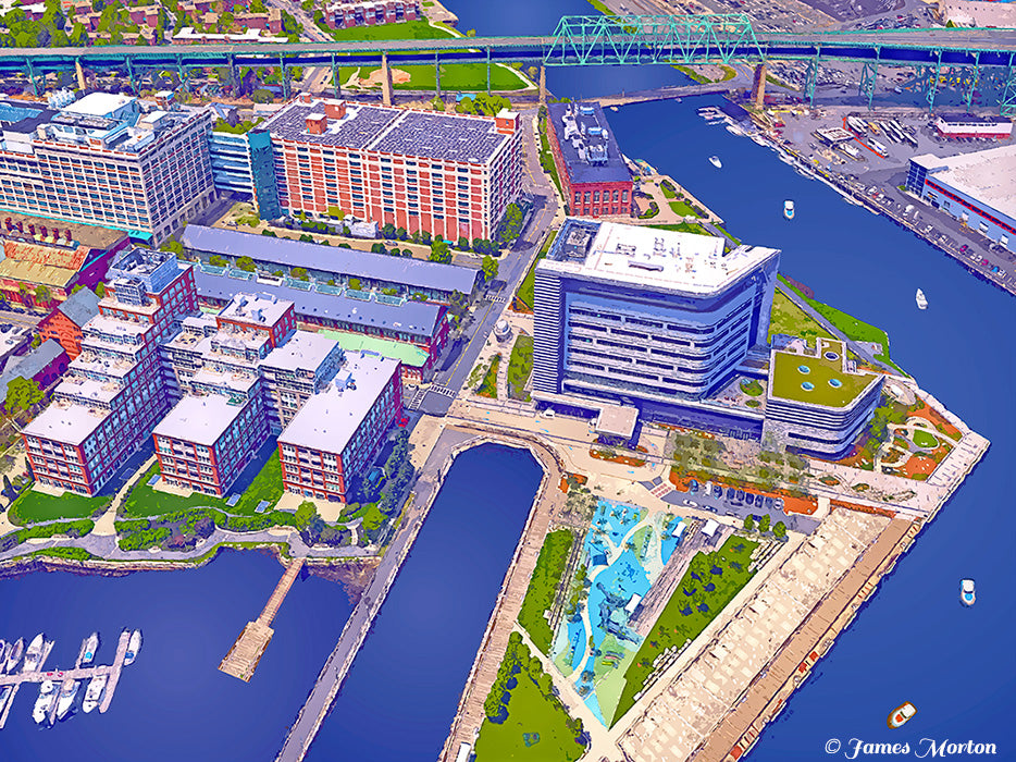 Aerial fine art print of Spaulding Rehabilitation Hospital in Charlestown, Boston, MA, featuring the Tobin Bridge and Little Mystic Channel.
