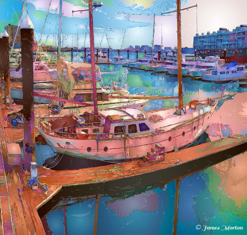 Charlestown Marina Boston Art Print - Sailboat Docked at Pier in Boston Harbor at Twilight.