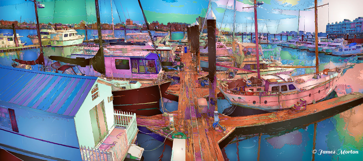 Charlestown Marina Boston Canvas Art Print - Boats Docked at Pier in Boston Harbor Illuminated by Vibrant Twilight.