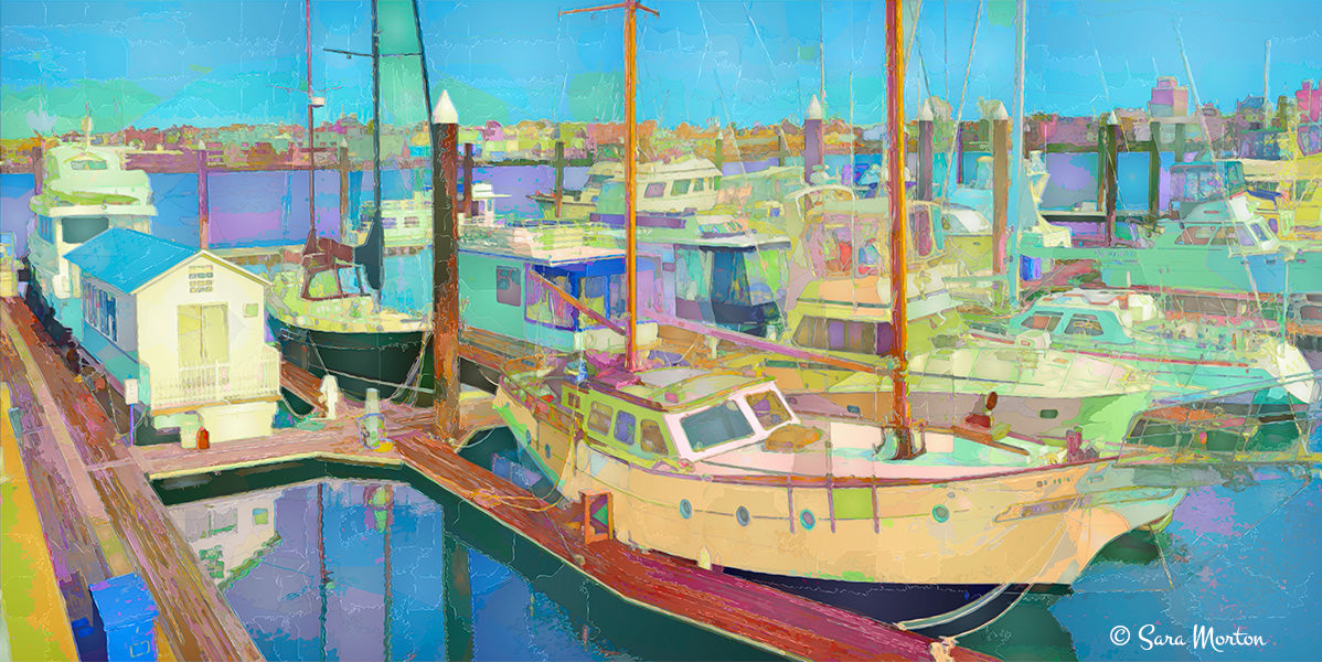 Discover the stunning beauty of Charlestown, Boston with this vibrant Fine Art Print. Immerse yourself in the charming scenery of the Boston Harbor, filled with docked Boats, picturesque House Boats, Sailing Boats, and Recreational Boats.