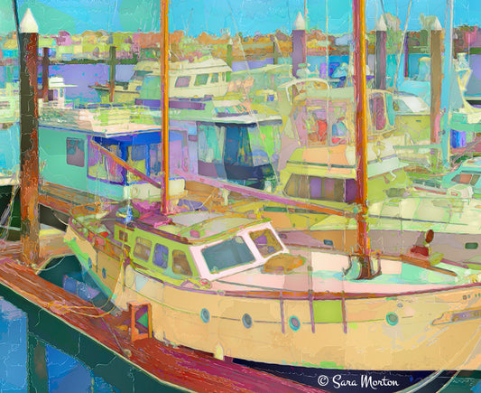 Charlestown, Boston Fine Art Print. Detailed view of the Boston Harbor, filled with docked Boats, picturesque House Boats, Sailing Boats, and Recreational Boats, all shining in the bright Spring sunlight.