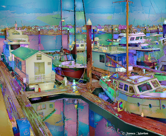 Boston Harbor Art - House Boats and Sailboats at Charlestown Marina.