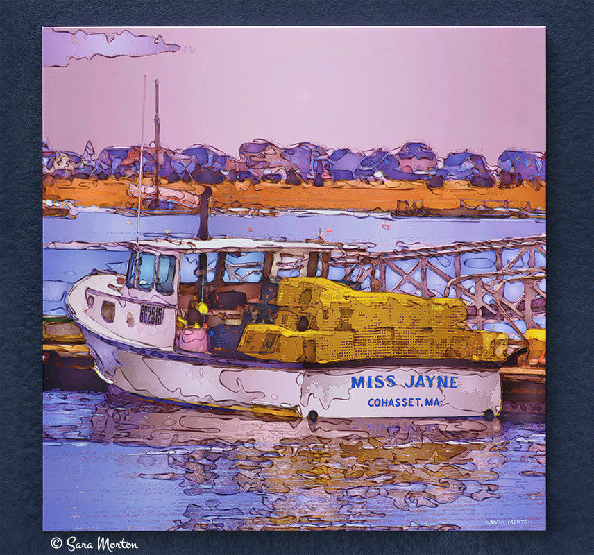 Front view of stretched canvas print of the Miss Jayne lobster boat in Cohasset Harbor at dusk, featuring enchanting hues of violet, orange, and gold. Original Digiraph print by Artist Sara Morton.