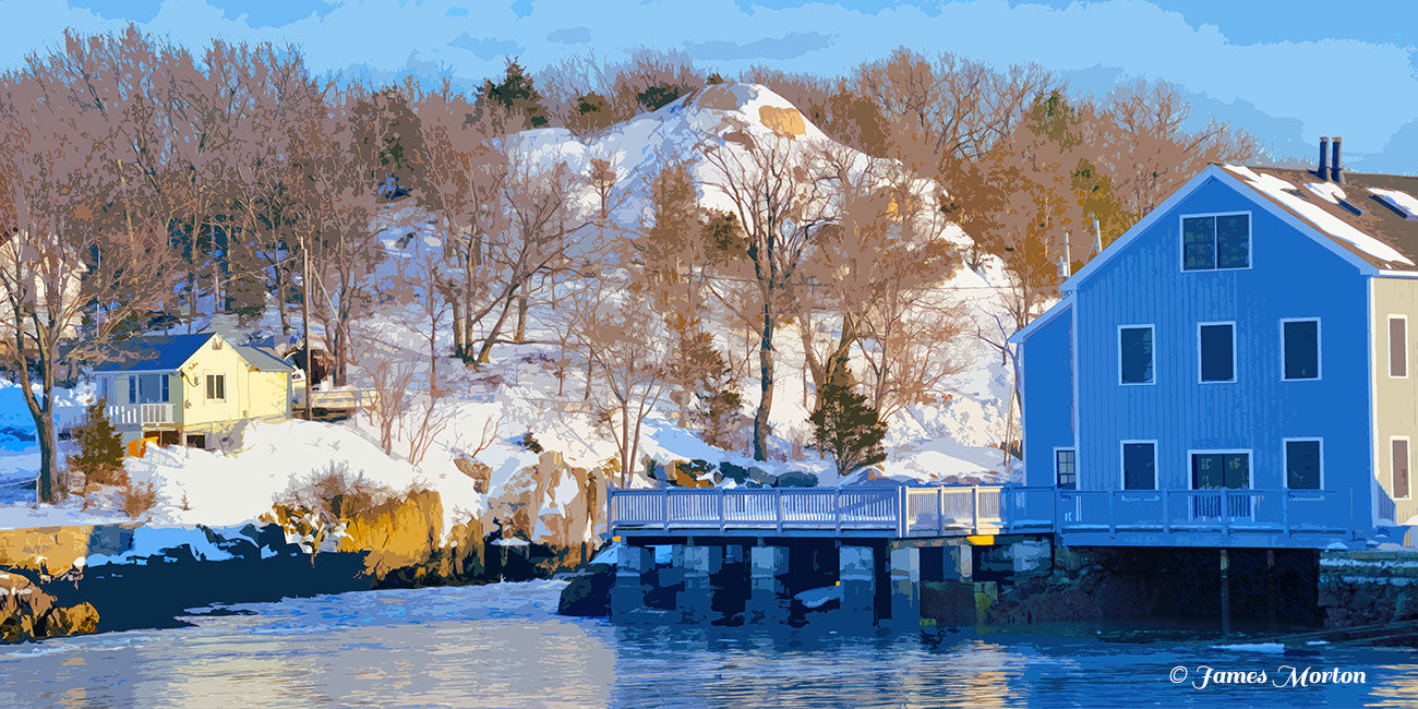 Explore scenic winter in Cohasset, Massachusetts with a picturesque view of Cohasset Harbor and the Gulf River, framed by the iconic Cohasset Lobster Pound on Border Street and stunning rocky ledge blanketed in snow.