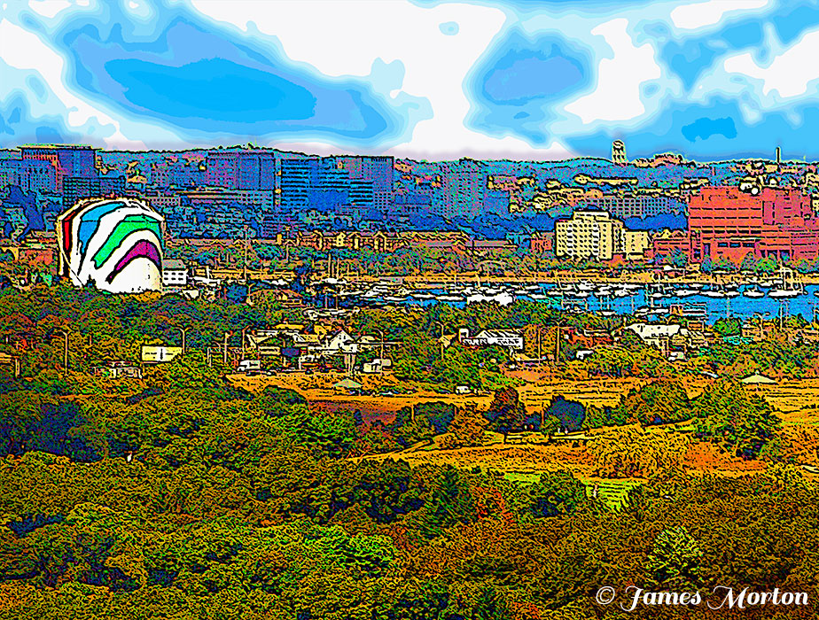 Boston Skyline Art Print of Columbia Point and Corita Kent Rainbow Swash Gas Tank. In the distant Boston Harbor tiny yachts can be seen from the Savin Hill Yacht Club.