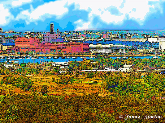 Fine Art Print of Columbia Point and UMass Boston Campus with the scenic Harborwalk and yachts from Savin Hill Yacht Club in the distant Boston Harbor.