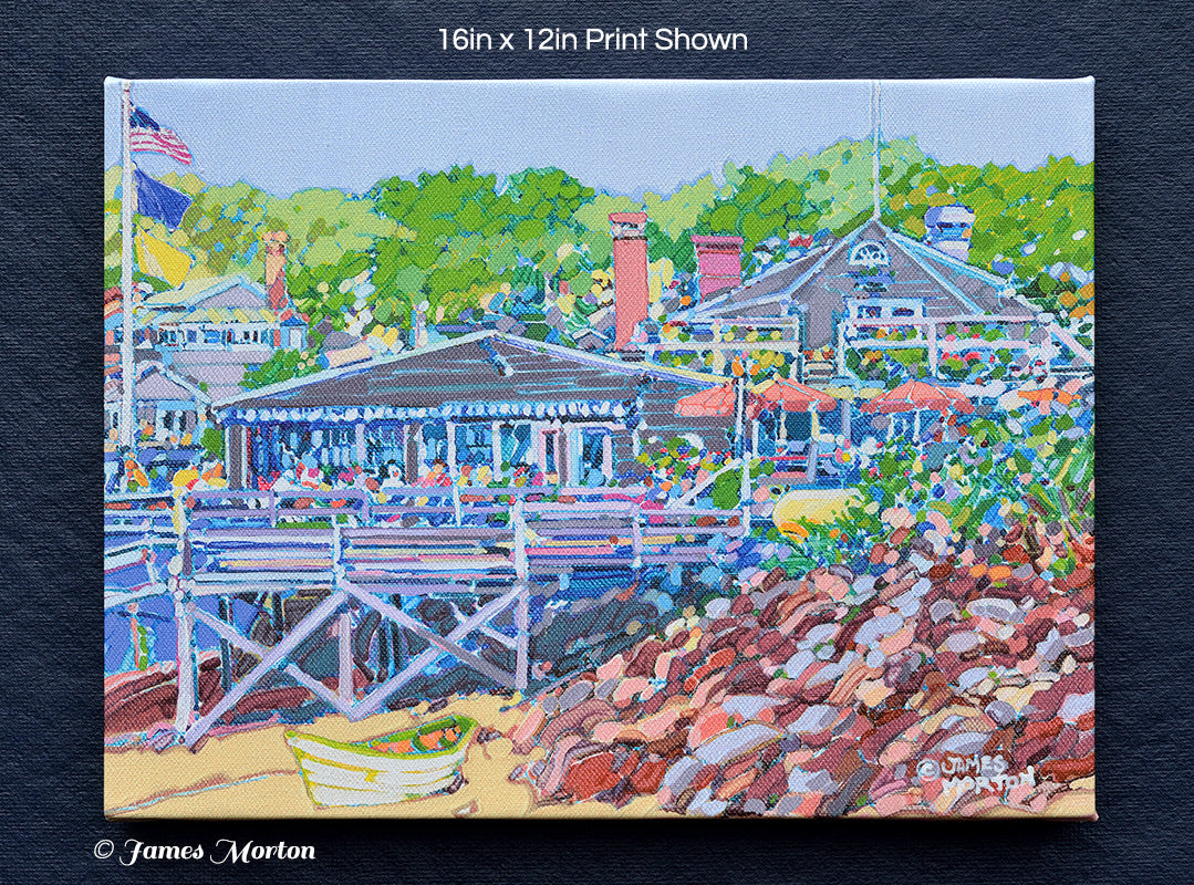 Front view of Cove Shore canvas wall art – Barnacle Billy’s restaurant, Ogunquit Maine