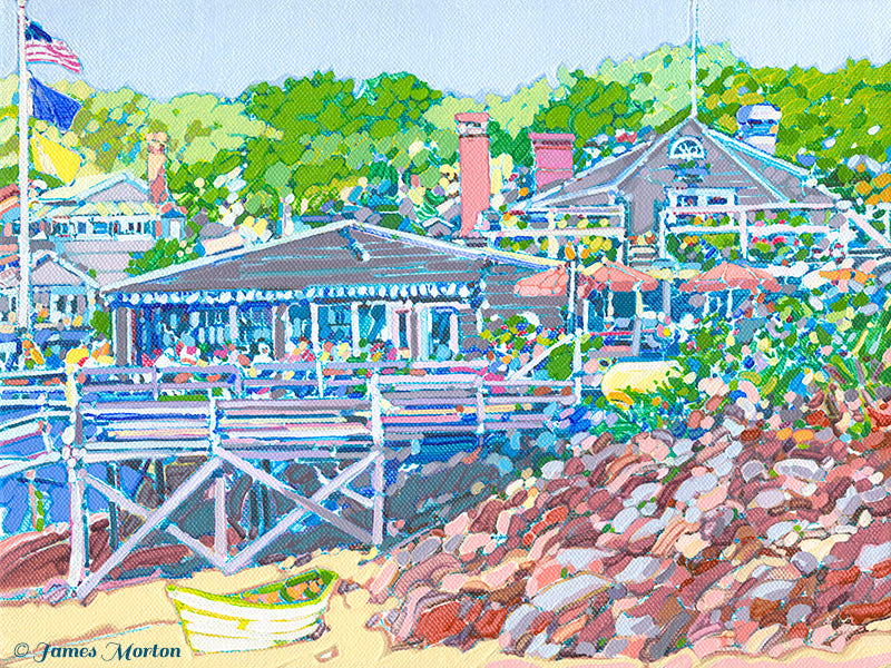 Cove Shore painting of Barnacle Billy’s in Perkins Cove, Ogunquit Maine – pastel tones and coastal detail