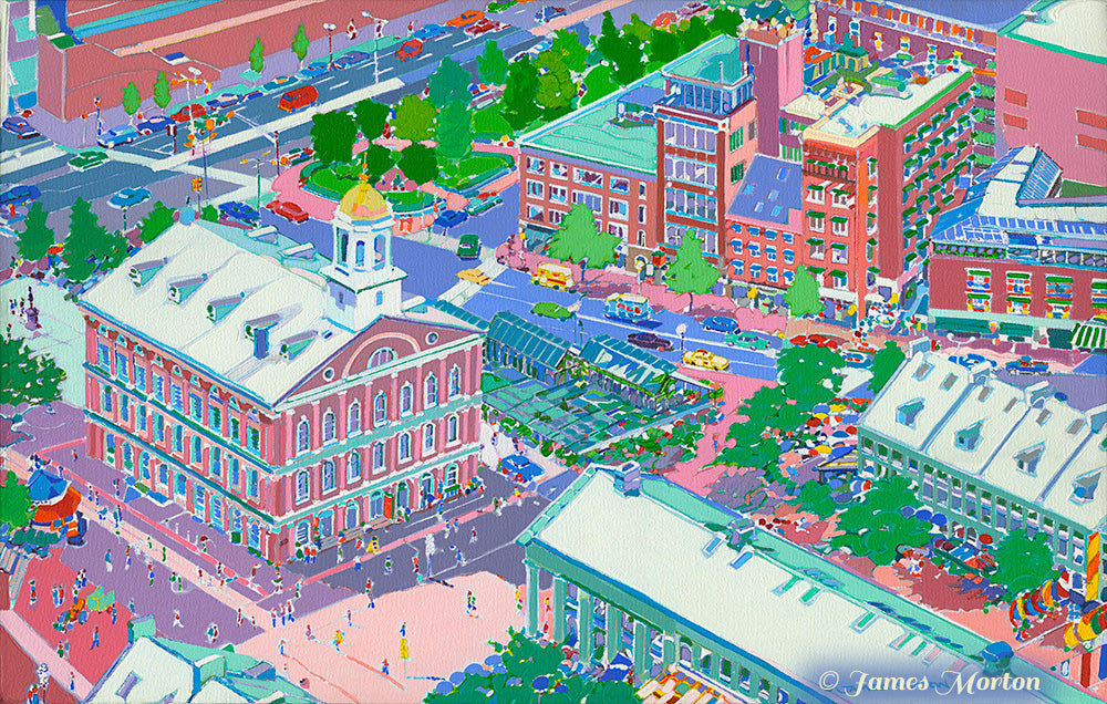 Faneuil Hall Aerial Painting of Boston and Quincy Market in Summer. Fine Art Prints of Boston Premium Quality on Stretched Canvas and Watercolor Paper Made with Archival Quality Inks.