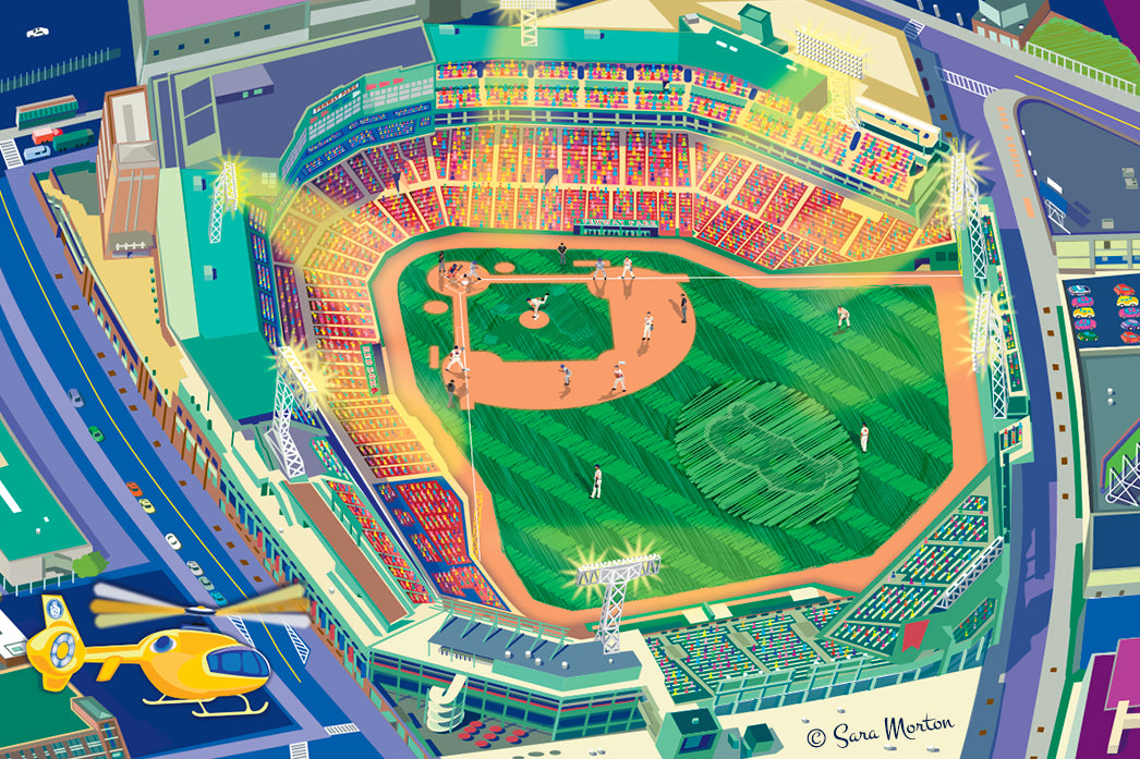 Fenway Park Boston at Night. Aerial View of Stadium. Fine Art Print on Canvas.