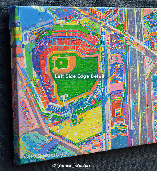 Left side detail of gallery-wrapped Boston canvas print showing Fenway Park and Mass Pike