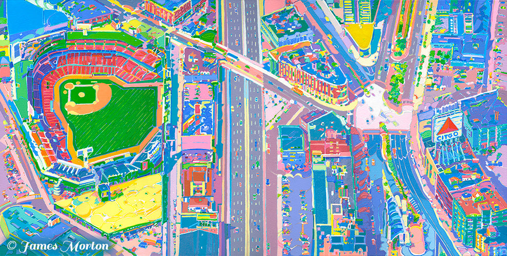 Original aerial painting of Fenway Park and Kenmore Square Boston by artist James Morton