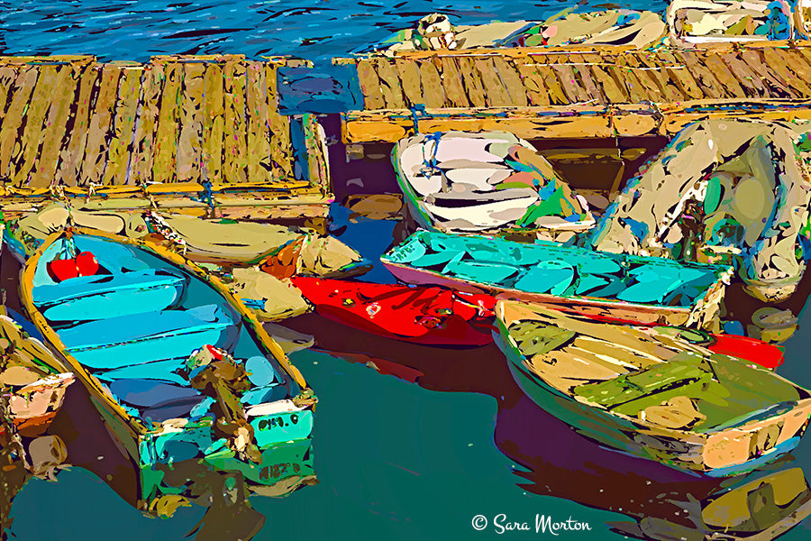 Fine Art Print of Small Motor Boats in Harbor - Plymouth, MA