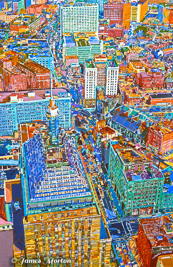 Aerial painting of Boston's Old Hancock Tower, now the Berkeley Building, showcasing Back Bay neighborhood with vibrant colors and intricate architectural details.