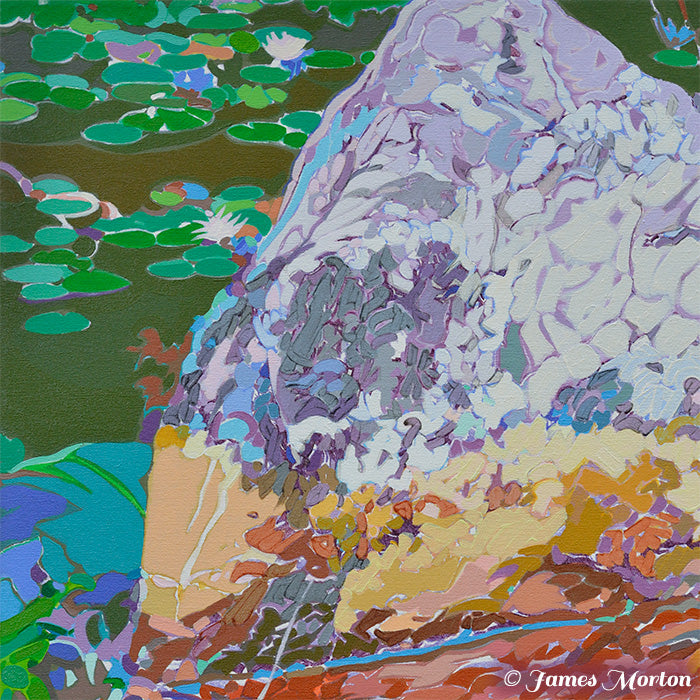 Close-up of Inversion painting featuring textured stone surface and green lily pads with subtle water reflections in acrylic brushstrokes.