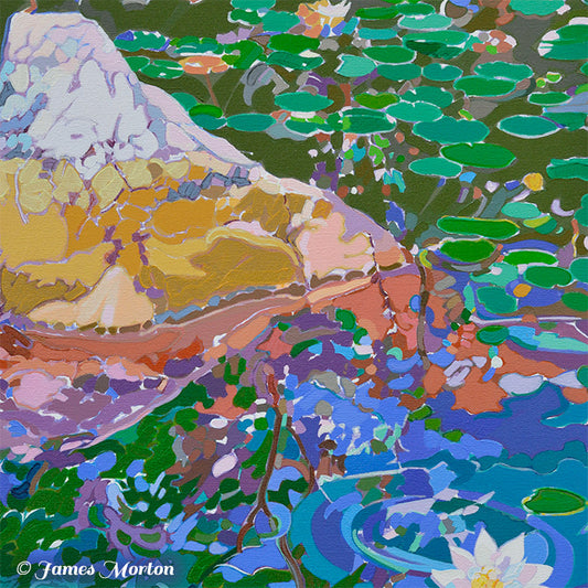 Detail of Inversion painting showing textured stone, white water lily, green lily pads, and reflective pond water in layered acrylic brushwork.