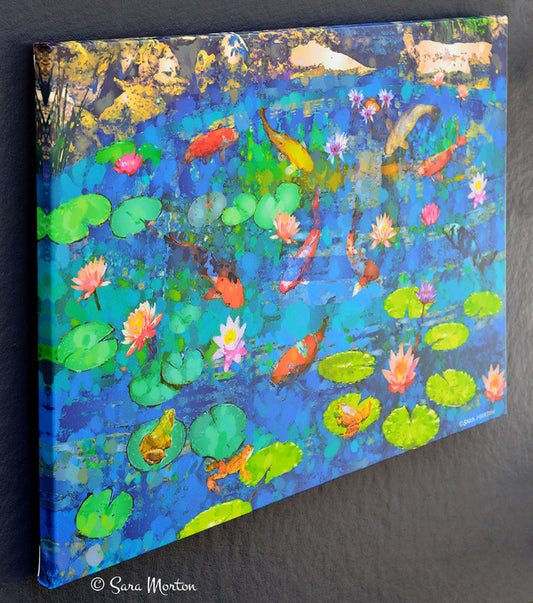 Koi Fish Pond Art | 36in x 24in Stretched Canvas Print | Water Lilies Lily Pads Frogs Pond Japanese Water Garden Fancy Goldfish