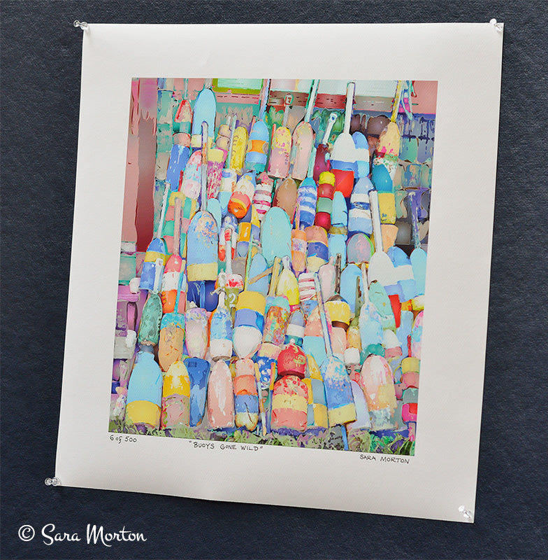 Watercolor paper art print of Rockport Lobster Buoys.