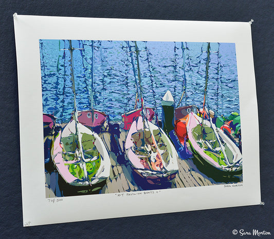 Fine Art print of MIT Sailboats docked at the MIT Sailing Pavilion in Cambridge, MA. Printed on premium watercolor paper. Unique digital vector painting technique with vibrant color palette.