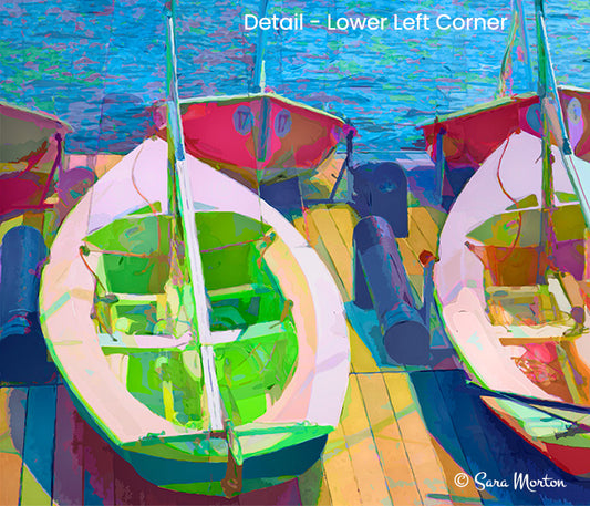 Detail of MIT sailboats docked at the MIT Sailing Pavilion on the Charles River in Cambridge, Massachusetts.