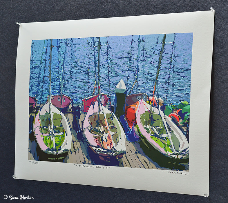 Fine Art Watercolor Paper Print of Sailboats docked at the MIT Sailing Pavilion with floats. Hand Signed by the Artist and made in Massachusetts USA.