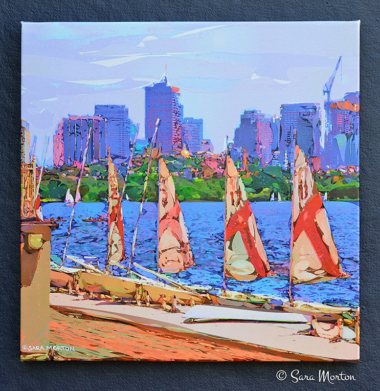 A canvas print featuring MIT sailboats docked at the MIT Sailing Pavilion with the Boston skyline and Beacon Hill State House Dome in the background.