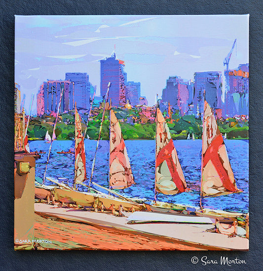 A canvas print featuring MIT sailboats docked at the MIT Sailing Pavilion with the Boston skyline and Beacon Hill State House Dome in the background.