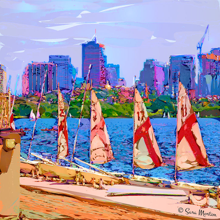 Vibrant digital painting of MIT Sailing Pavilion with detailed sailboats and Boston City Skyline in the background.