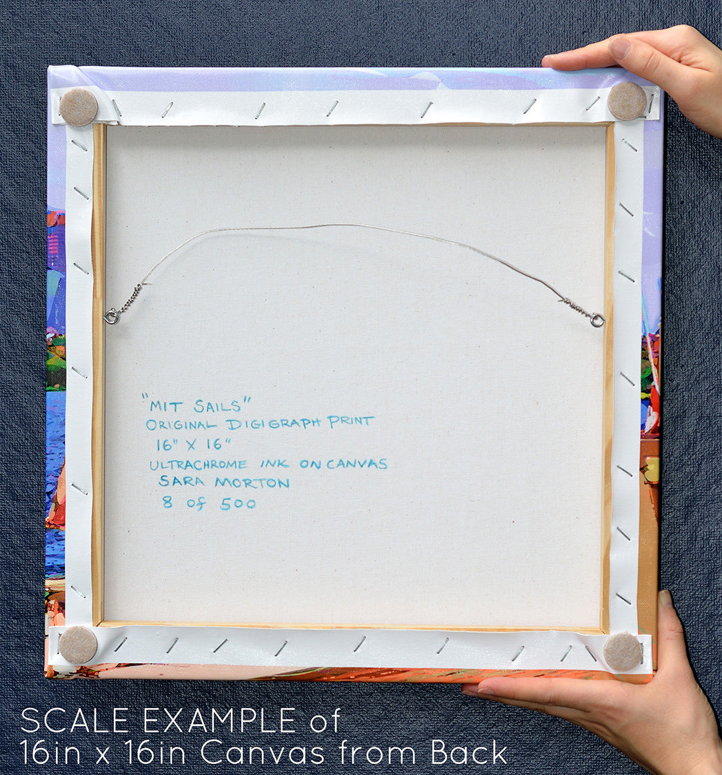 Handcrafted canvas print of MIT sailboats and Boston skyline by artist Sara Morton. Detail view back of canvas. Hand signed and labeled by artist.