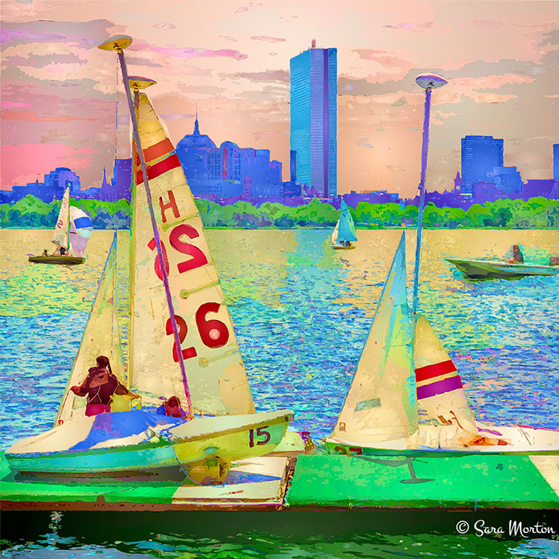 Colorful digital painting of MIT sailboats at the MIT Sailing Pavilion on the Charles River in Cambridge, Massachusetts, with the Boston skyline and a vibrant sunset in the background.