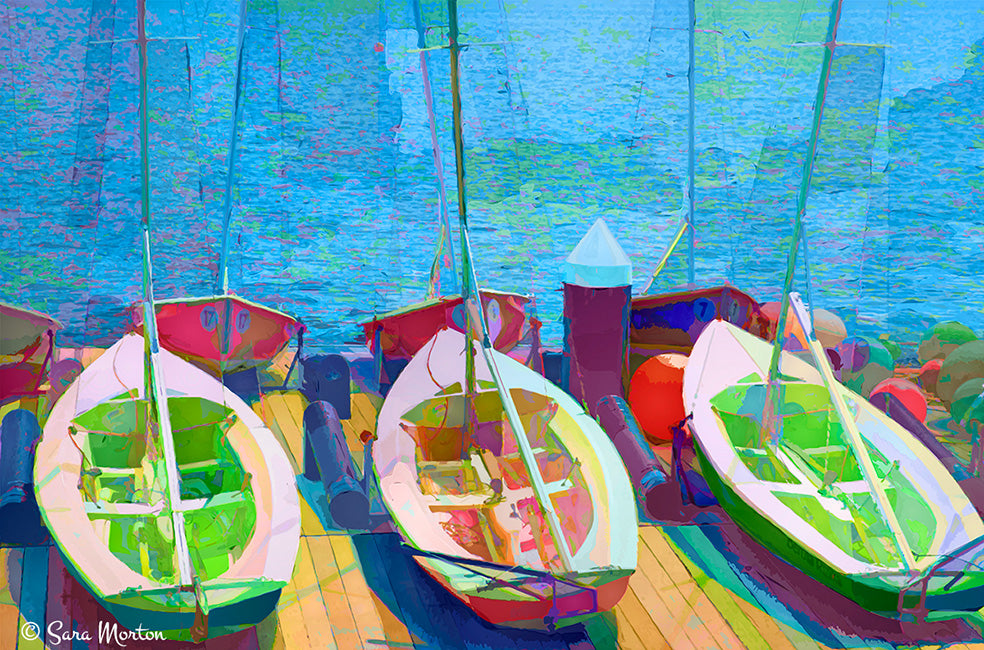 Colorful fine art print of MIT sailboats and floats docked at the MIT Sailing Pavilion along the Charles River in Cambridge, Massachusetts, by artist Sara Morton.