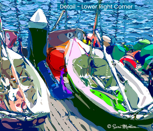 Detail of the lower right corner of a vector art print featuring MIT sailboats and ball floats docked at the MIT Sailing Pavilion.