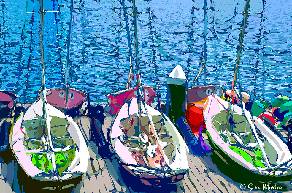 Vector art print of colorful MIT sailboats docked at the MIT Sailing Pavilion on the Charles River in Cambridge, MA, by artist Sara Morton.