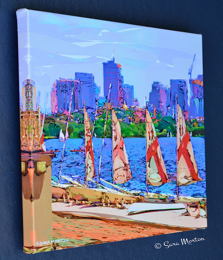 Canvas print of Boston cityscape with MIT sailboats docked at MIT Sailing Pavilion on Charles River, signed by Sara Morton.
