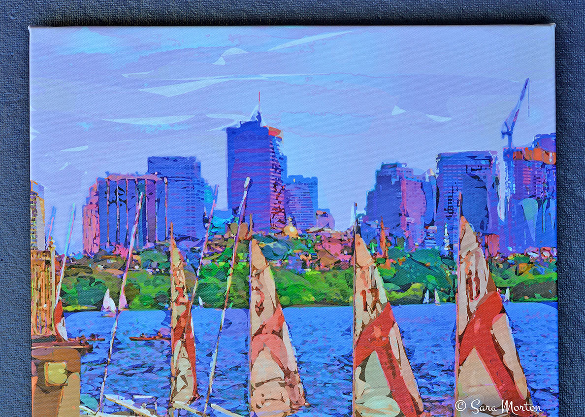 Boston Skyline Canvas Print of MIT sailboats resting on the docks of the Charles River with the Beacon Hill State House dome visible. Detail View