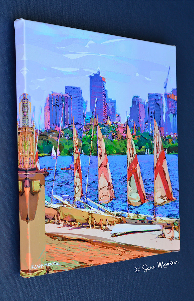 Canvas Print of MIT sailboats at the docks, framed by a serene lavender sky and its reflection in the Charles River.