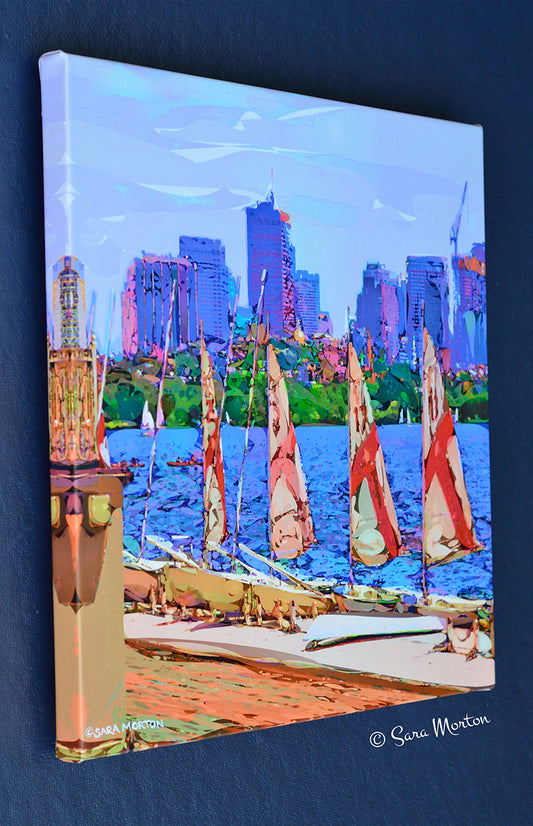 Canvas Print of MIT sailboats at the docks, framed by a serene lavender sky and its reflection in the Charles River.
