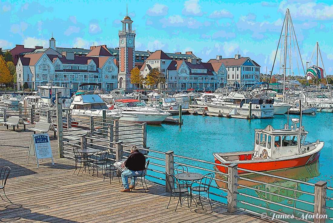 Marina Bay in Quincy MA Fine Art Print. Marina Morning Digital Woodcut print Artist James Morton.