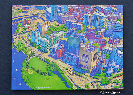 Aerial view of Boston West End canvas print featuring Mass Eye and Ear, Mass General Hospital, and cityscape.