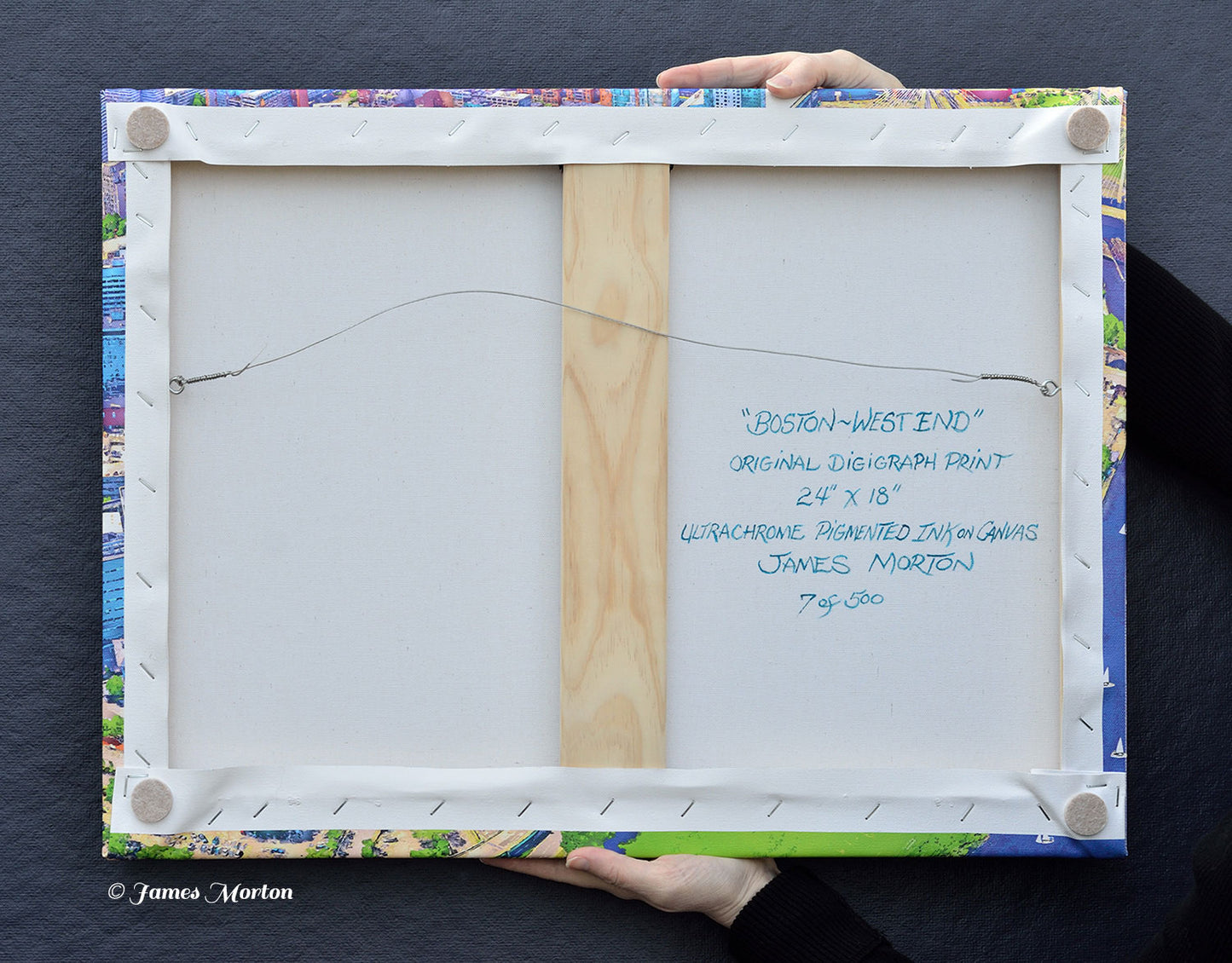 Wall art of Boston West End with Mass Eye and Ear, Mass General Hospital, and breathtaking cityscape. Back of Canvas hand signed, titled and numbered by Artist James Morton.