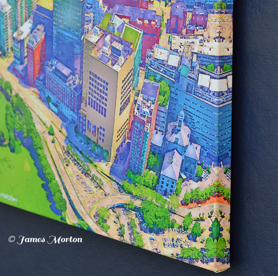 Canvas print detail of lower right corner image wrap. Featuring Mass Eye and Ear in Boston and Liberty Hotel.