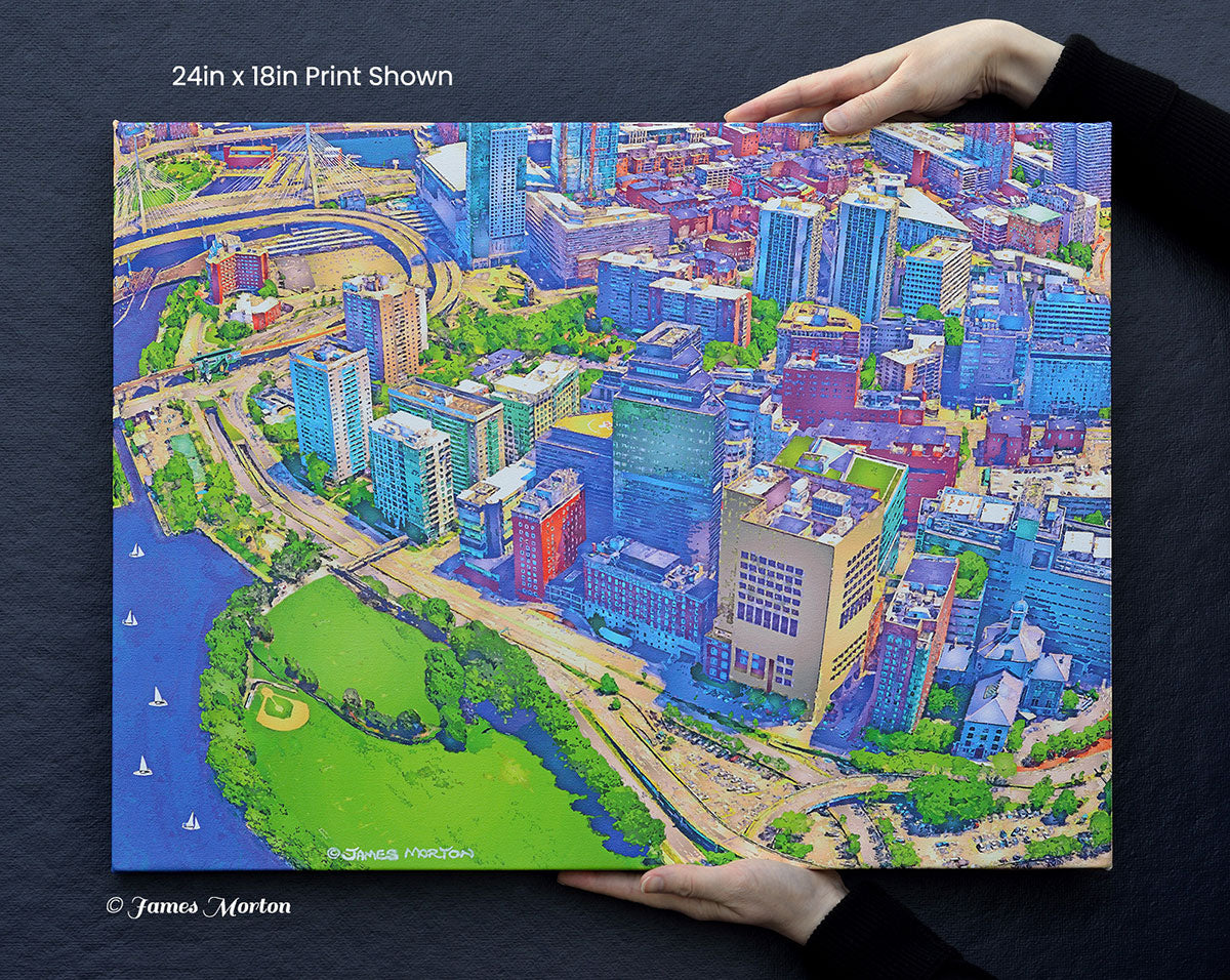 Aerial view of Boston West End 24x18 canvas print Handheld for scale featuring Mass Eye and Ear, Mass General Hospital, and cityscape.