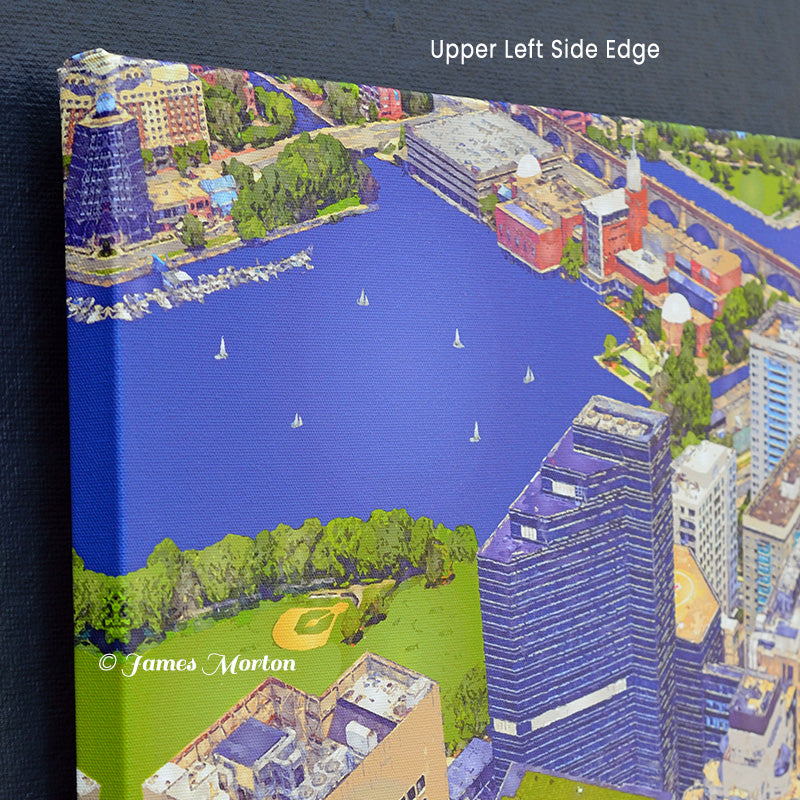 Mass General Hospital Boston Canvas Print upper left corner image wrapped edge. Charles River, Science Museum and Longfellow Bridge in Background.